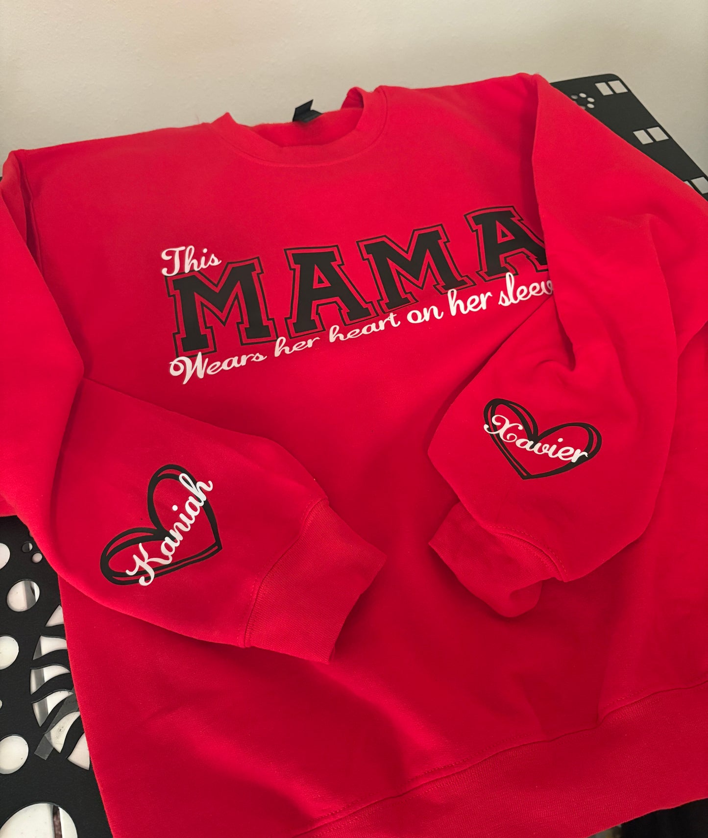 Customized “This Mama Wears her heart on her sleeve” crew neck.