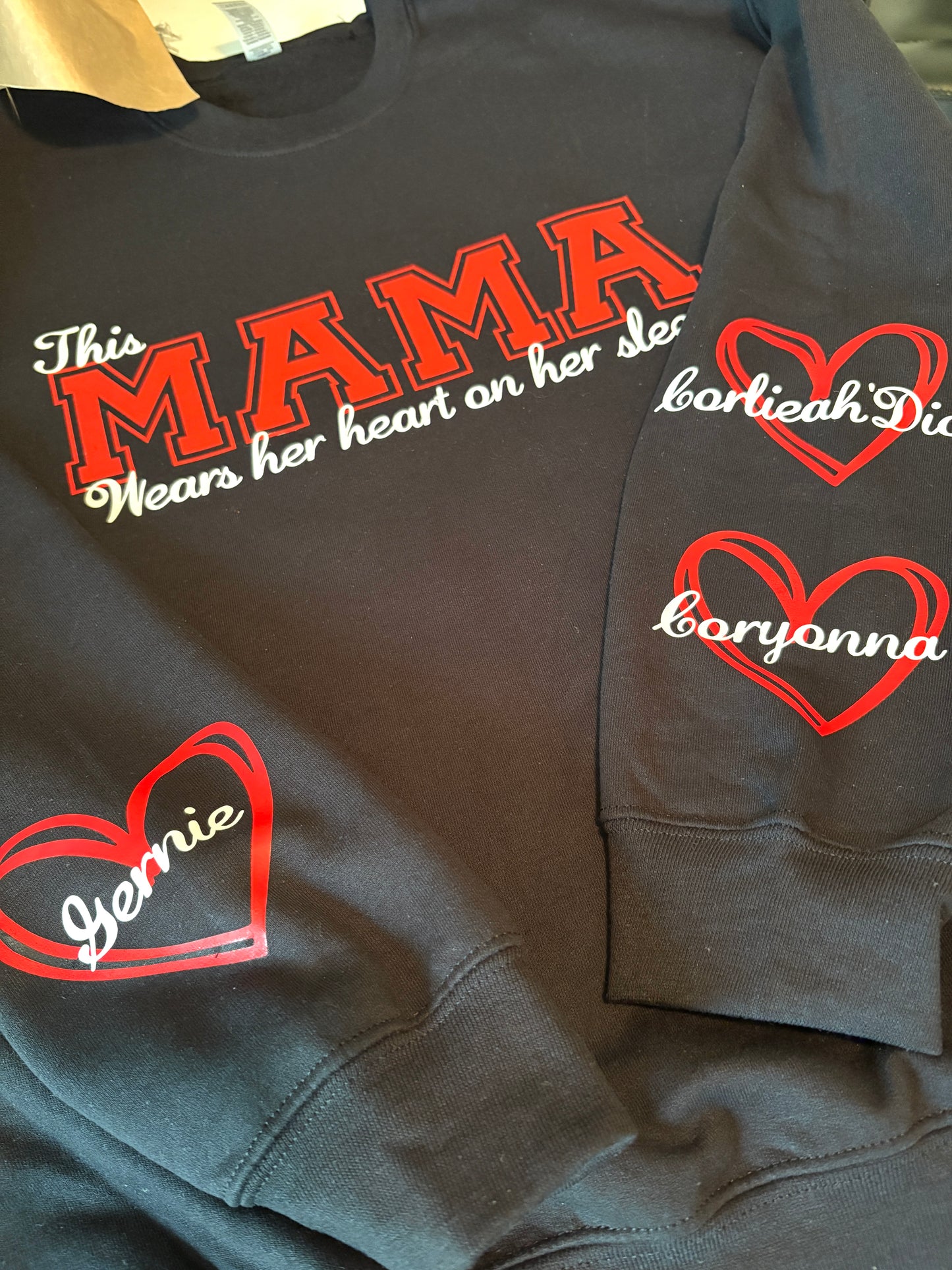 Customized “This Mama Wears her heart on her sleeve” crew neck.