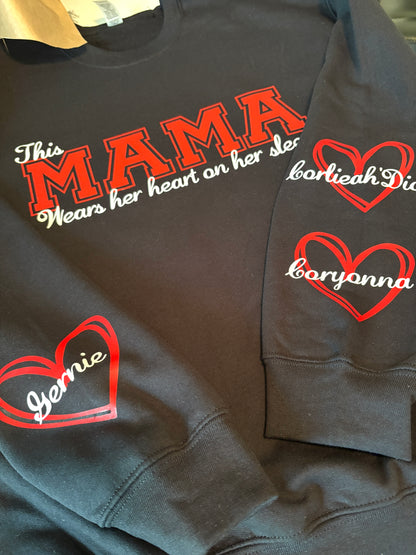 Customized “This Mama Wears her heart on her sleeve” crew neck.